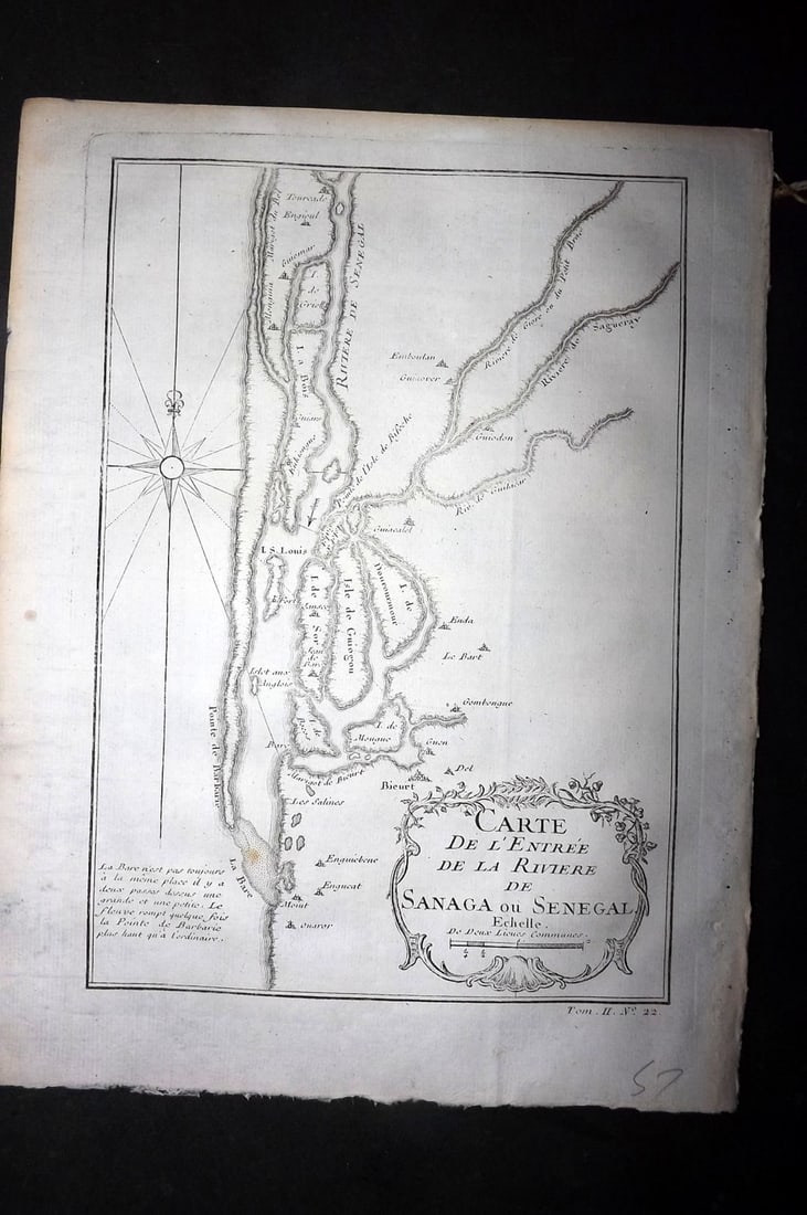 Bellin, Jacques-Nicolas C1760 Map. Africa Senegal - Carte de l'Entr?e de la Riviere de Sanaga ou: Copper Engraved Map Published 1746-1789, Paris & The Hague for "Histoire g?n?rale des voyages" by Antoine Francois Prevost. Paper Size: 10 x 8 inch (25 x 20cm) Approx. Good Condition
