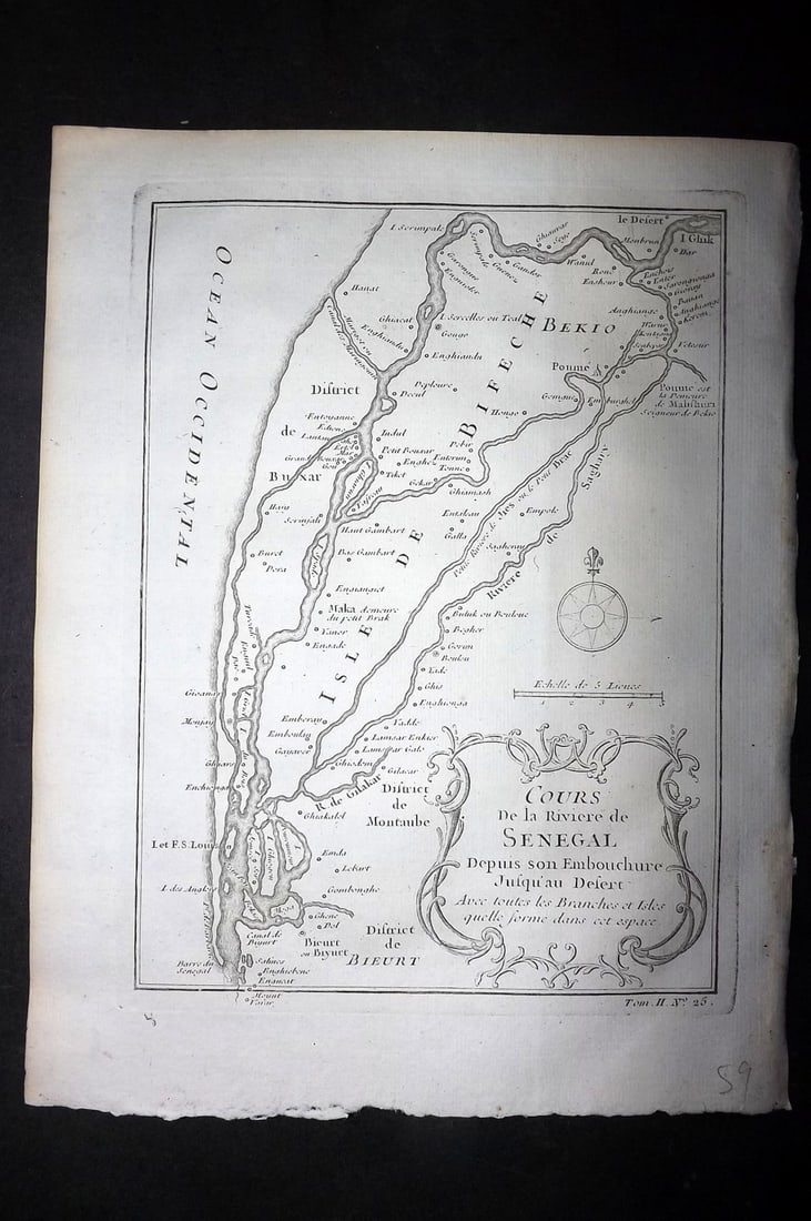 Bellin, Jacques-Nicolas C1760 Map. Africa Senegal - Cours de la Riviere de Senegal: Copper Engraved Map Published 1746-1789, Paris & The Hague for "Histoire g?n?rale des voyages" by Antoine Francois Prevost. Paper Size: 10 x 8 inch (25 x 20cm) Approx. Good Condition
