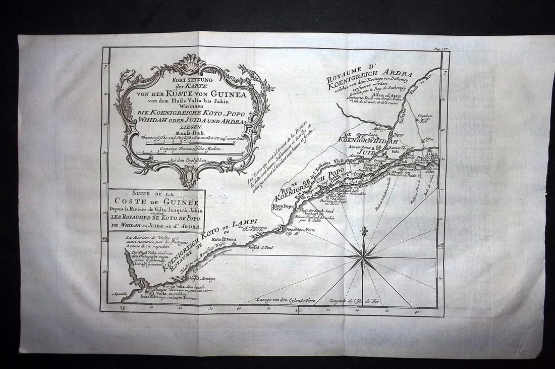 Psalmanazar & Sale C1770 Antique Map. Africa Guinea: "Fort-Setzung der Karte von der Kuste von Guinea" Copper Engraved Map Published 1747-82 Amsterdam and Leipzig for "Histoire Universelle, depuis le commencement du monde" 4to Edition by George Sale, Ge
