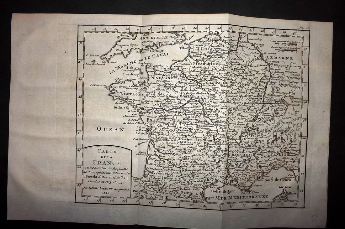 Psalmanazar & Sale C1770 Antique Map. Carte de la France: Copper Engraved Map Published 1747-82 Amsterdam and Leipzig for "Histoire Universelle, depuis le commencement du monde" 4to Edition by George Sale, George Psalmanazar, Thomas Salmon et al. Folds as is