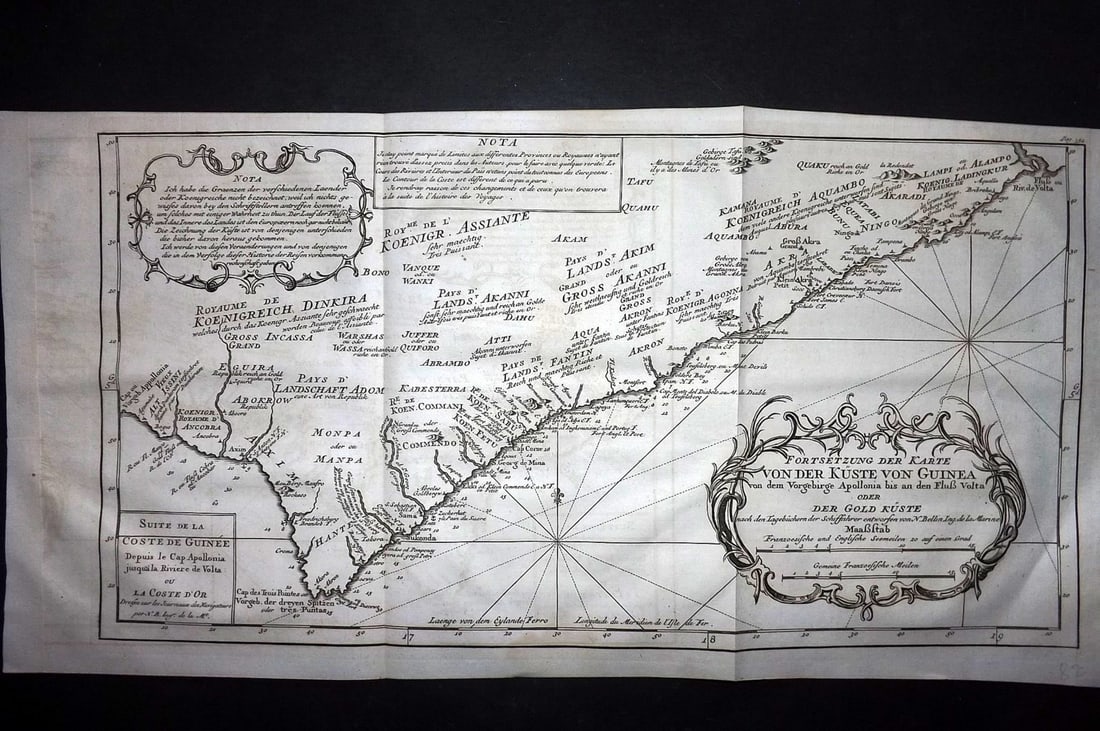 Psalmanazar & Sale C1770 Antique Map. Guinea Africa: "Forsetzung der Karte von der Kuste von Guinea..." Copper Engraved Map Published 1747-82 Amsterdam and Leipzig for "Histoire Universelle, depuis le commencement du monde" 4to Edition by George Sale, G