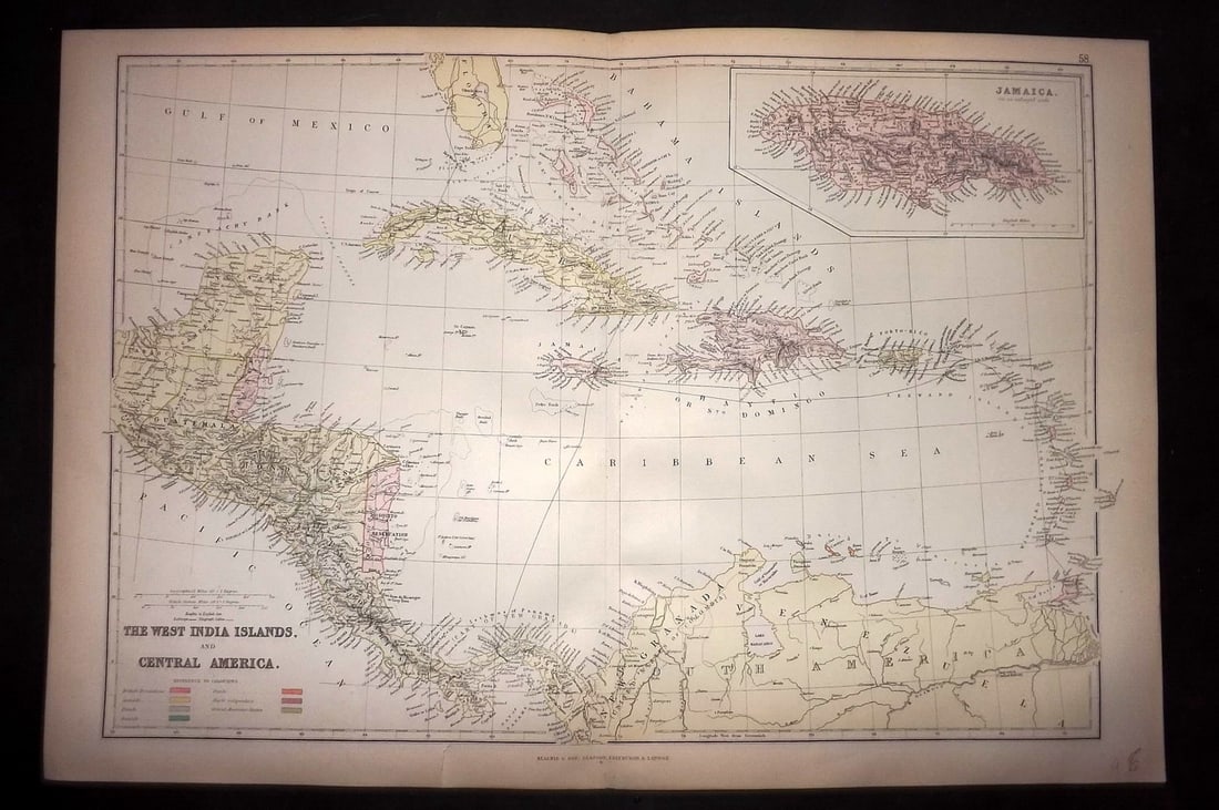 Blackie (Pub) 1882 Folio Map. West Indies Caribbean and Central America: Lithograph Map Published 1882 by Blackie & Son, London for "The Comprehensive Atlas & Geography of the World" by W. G. Blackie. Centre fold as published. Paper Size: 22 x 15 inch (56 x 38cm) Good cond