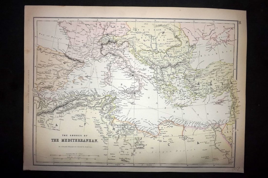 Blackie (Pub) 1882 Folio Map. Shores of the Mediterranean: Lithograph Map Published 1882 by Blackie & Son, London for "The Comprehensive Atlas & Geography of the World" by W. G. Blackie. Paper Size: 15 x 11 inch (38 x 28cm) Good condition