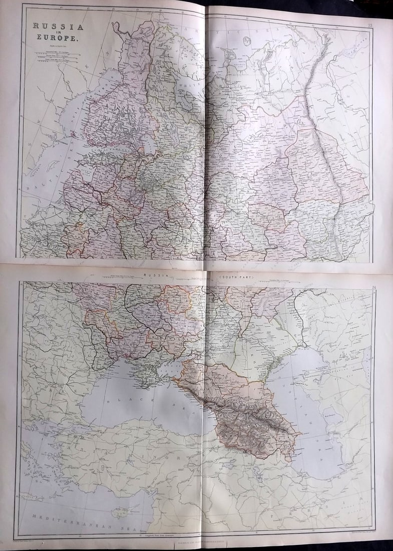 Blackie (Pub) 1882 Pair of Folio Maps. Russia - North & South: Lithograph Map Published 1882 by Blackie & Son, London for "The Comprehensive Atlas & Geography of the World" by W. G. Blackie. Centre fold as published. Paper Size: 22 x 15 inch (56 x 38cm) Good cond