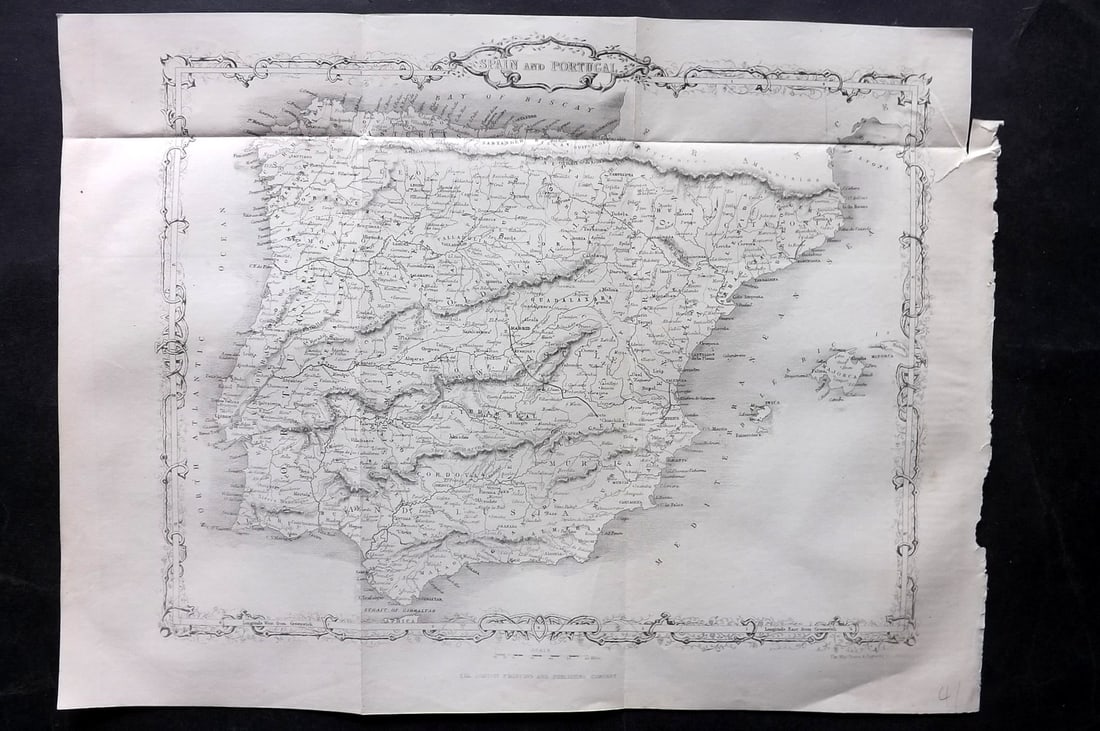 Rapkin, John 1860 Antique Map. Spain and Portugal: Steel Engraved Map Published 1860 by The London Printing & Published Company, London for "The Royal Dictionary-Cyclopedia for Universal Reference" by Thomas Wright. Drawn & Engraved by John Rapkin. Fo