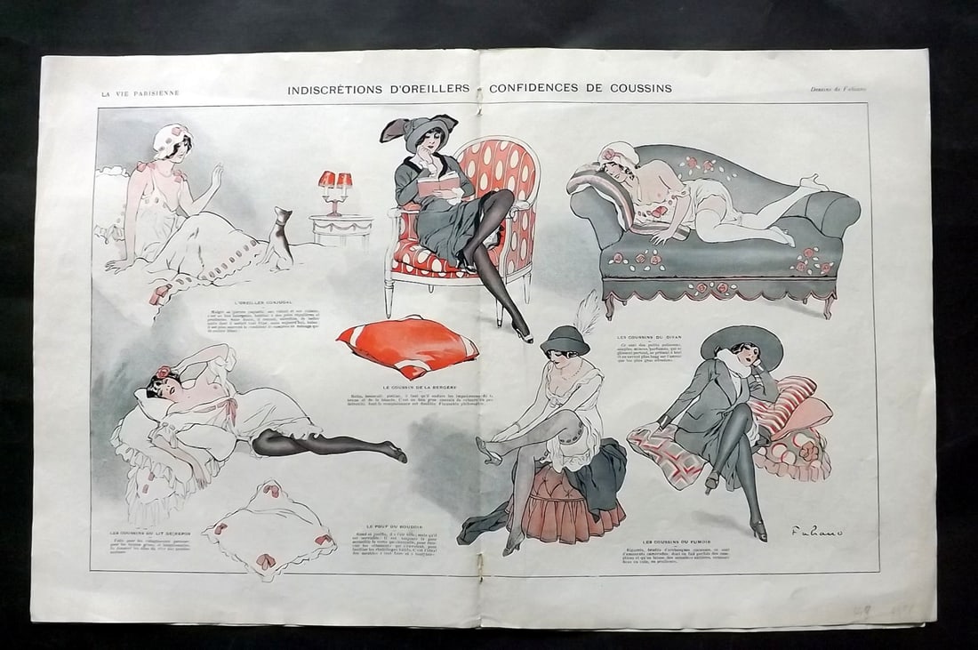 La Vie Parisienne 1913 Art Deco Double Print. Indiscretions D'Oreillers by Fabiano: Lithographs Published 1928, Paris for "La Vie Parisienne" Illustrated by Lissac, Barbier, Vallet, Valee, Prejelan, Herouard, Fournier, Kuhn-Regnier, Georges L?onnec and others. Verso text, but none sh