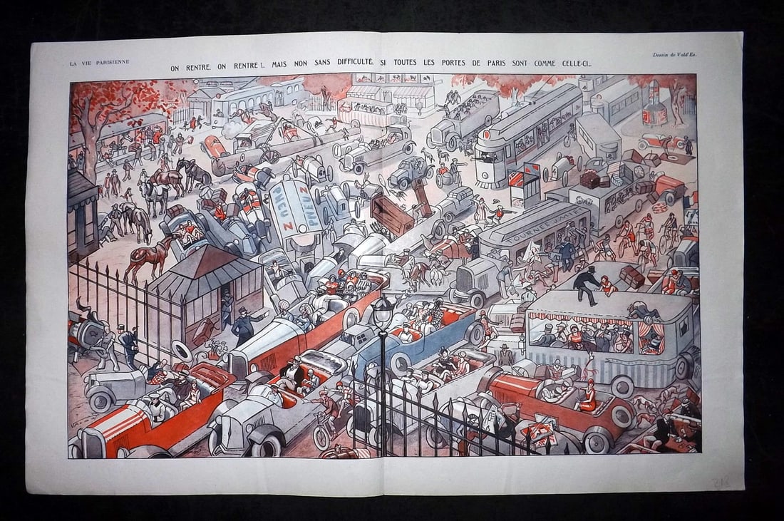 La Vie Parisienne 1926 Art Deco Double Print. On Rentre. On Rentre! By Vald'Es: Lithographs Published 1928, Paris for "La Vie Parisienne" Illustrated by Lissac, Barbier, Vallet, Valee, Prejelan, Herouard, Fournier, Kuhn-Regnier, Georges L?onnec and others. Verso text, but none sh