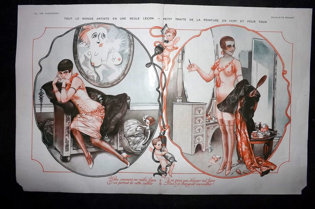 La Vie Parisienne 1926 Art Deco Double Print. Tout le Monde Artiste? by Herouard: Lithographs Published 1928, Paris for "La Vie Parisienne" Illustrated by Lissac, Barbier, Vallet, Valee, Prejelan, Herouard, Fournier, Kuhn-Regnier, Georges L?onnec and others. Verso text, but none sh