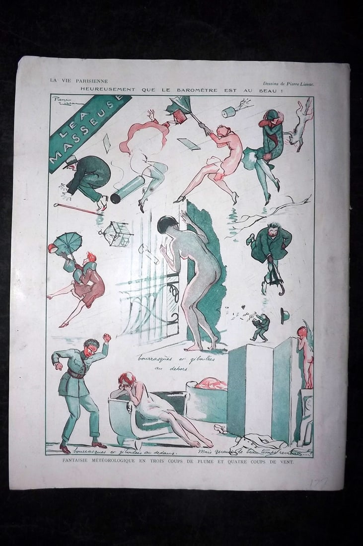 La Vie Parisienne 1926 Art Deco Print. Heureusement Que le Barometre by Peirre Lissac: Lithographs Published 1928, Paris for "La Vie Parisienne" Illustrated by Lissac, Barbier, Vallet, Valee, Prejelan, Herouard, Fournier, Kuhn-Regnier, Georges L?onnec and others. Verso text, but none sh
