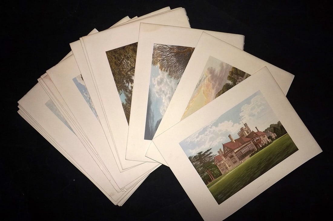 Morris Seats C1870 Lot of 18 British Color Woodblock Views: Color Printed Woodblock Published 1866-1880 by William Mckenzie, London for "Picturesque Views of Seats of Noblemen and Gentlemen of Great Britain and Ireland" by the Rev. F. O. Morris. Printed by Ben