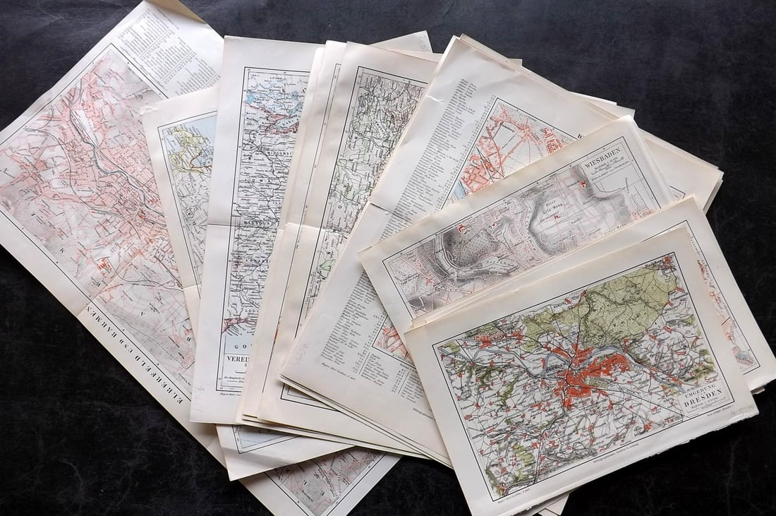 Meyer, Joseph 1898 Mixed Lot of 20 Antique Maps: Mainly Germany. Also World, England/Wales, Austria, and USA. Lithograph Map Published 1893-98, Leipzig and Vienna for "Meyers Konversations-Lexikon" by Joseph Meyer et al. Centre fold as published. Pa
