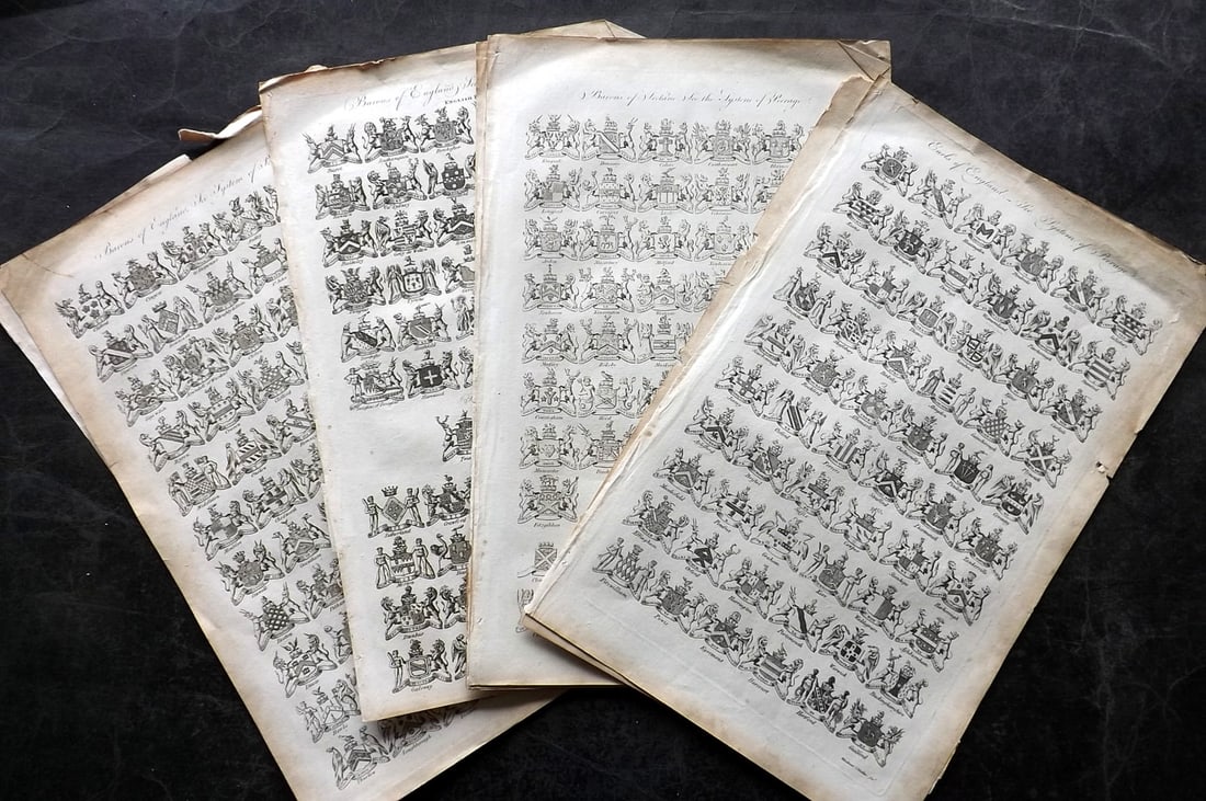 Hall, William 1791 Lot of 9 Folio Heraldry Prints: Copper Plate Published 1789-91 by C. Cooke, London for "The New Royal Encyclopedia, Or, Complete Modern Universal Dictionary of Arts and Sciences..." by William Henry Hall. Paper Size: 15 x 9.5 inch (