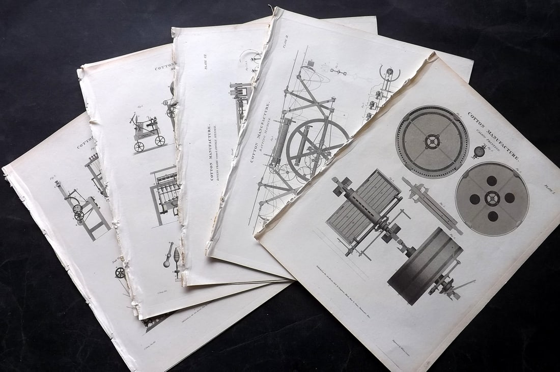 Rees, Abraham 1820 Lot of 14 Prints. Cotton Manufacture: Copper Plate Published 1802-20 by Longman, Hurst, Rees & Orme for "The Cycloaedia: or, Universal dictionary of arts, sciences, and literature" By Abraham Rees. Paper Size: 10.5 x 8.5 inch (27 x 22cm) 