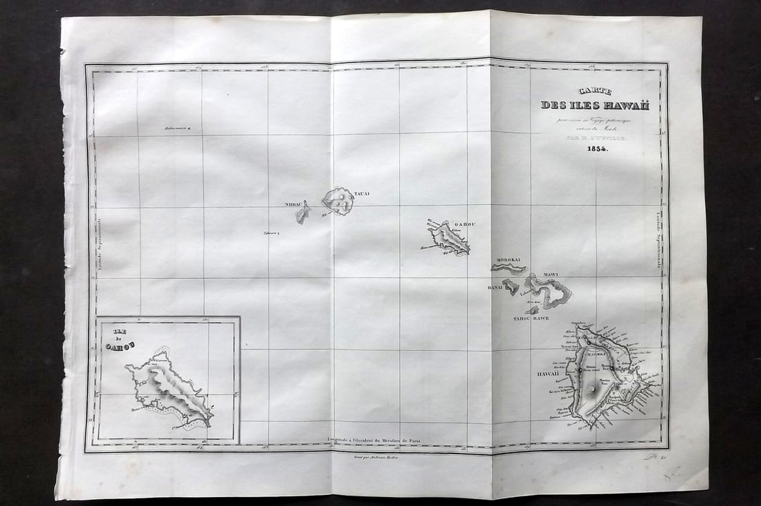 Hawaii - d'Urville, Jules Dumont 1834 Antique Map: "Carte des Iles Hawaii" Steel Engraved Map Published 1834, Paris for "Voyage Pittoresque autour du Monde - Resume general des voyages de decouvertes..." By Jules Dumont d'Urville. Folds as issued. Pap