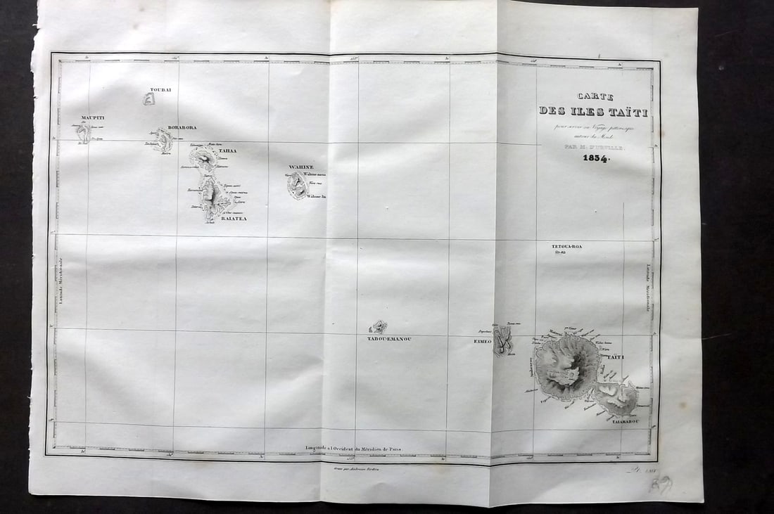 Pacific Tahiti - d'Urville, Jules Dumont 1834 Antique Map: "Carte des Iles Taiti" Steel Engraved Map Published 1834, Paris for "Voyage Pittoresque autour du Monde - Resume general des voyages de decouvertes..." By Jules Dumont d'Urville. Folds as issued. Pape