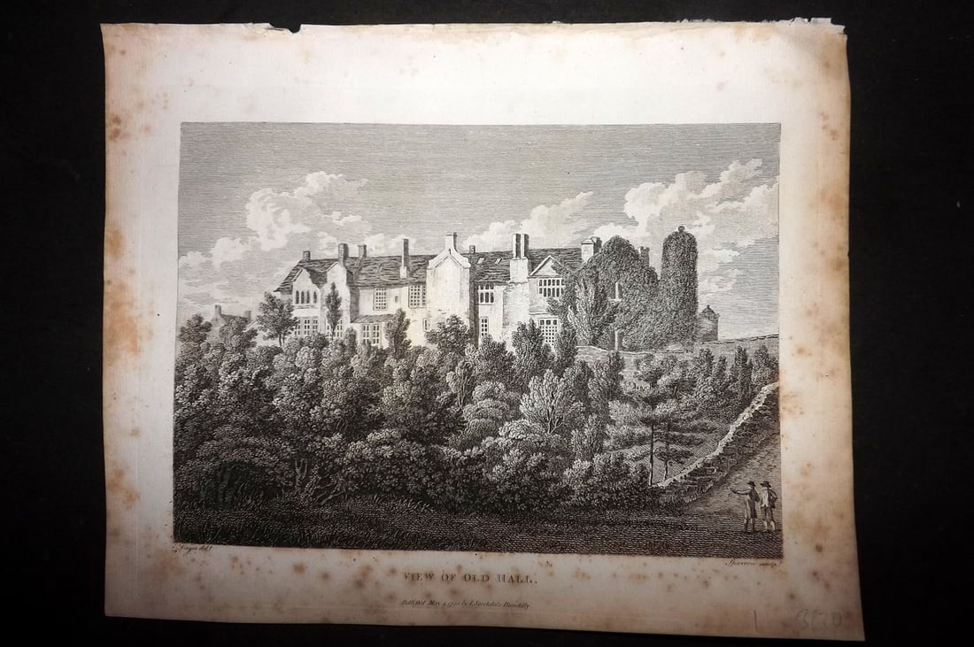 Aiken, John 1795 Antique Print. View of Old Hall: Copper Plate Published 1795, London for "A Description of the Country from Thirty to Forty Miles Round Manchester" by John Aiken. Paper Size: 11.5 x 9 inch (29 x 23cm) Minor margin toning. Good Condit