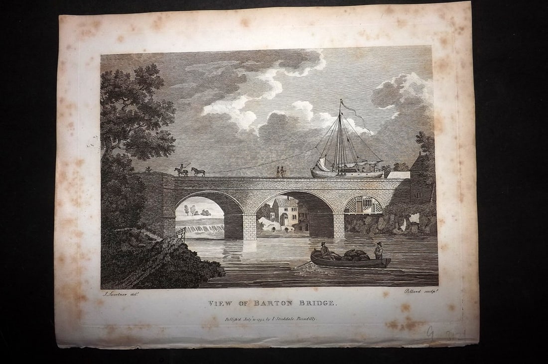 Aiken, John 1795 Antique Print. View of Barton Bridge: Copper Plate Published 1795, London for "A Description of the Country from Thirty to Forty Miles Round Manchester" by John Aiken. Paper Size: 11.5 x 9 inch (29 x 23cm) Minor margin toning. Good Condit