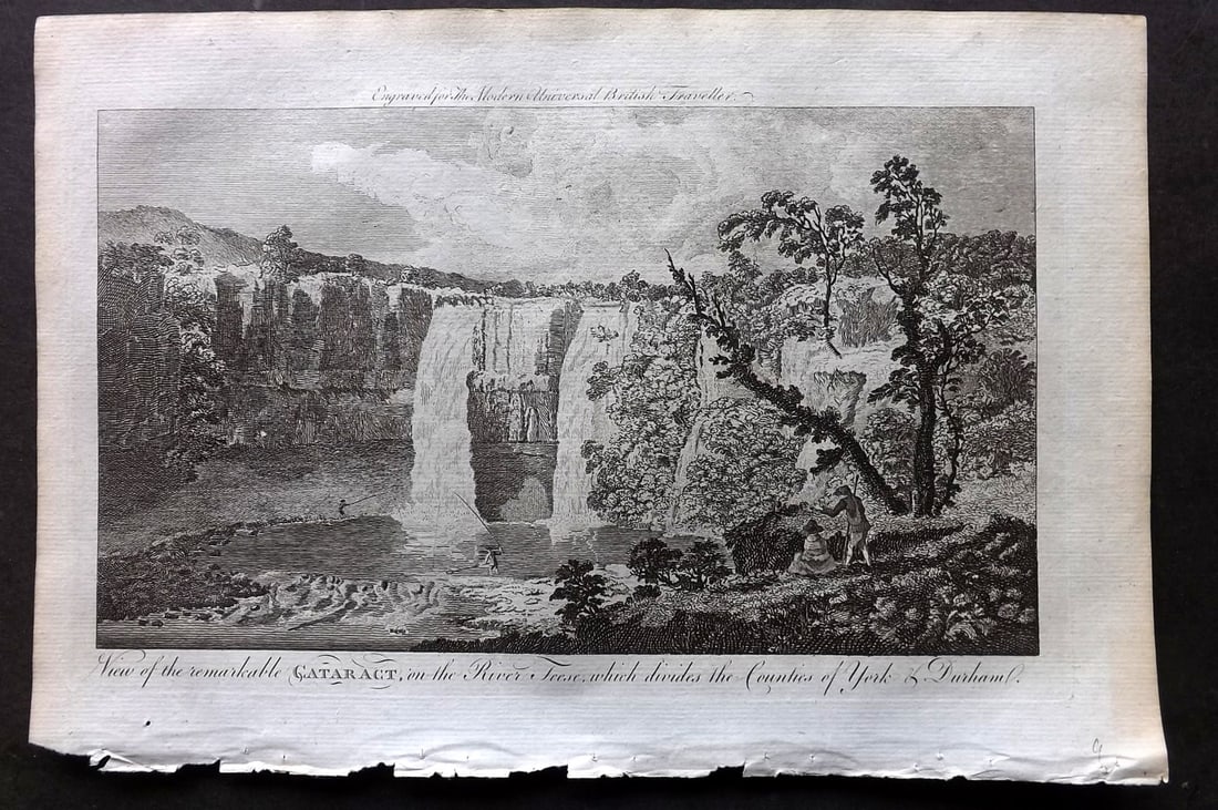 Burlington, Charles 1779 Folio Print. Cataract River Tees between York and Durham: Folio Copper Plate Published 1779 by J. Cooke, London for "The Modern Universal British Traveller or, a New, Complete, and Accurate tour Through England, Wales, Scotland, and the Neighbouring Islands"