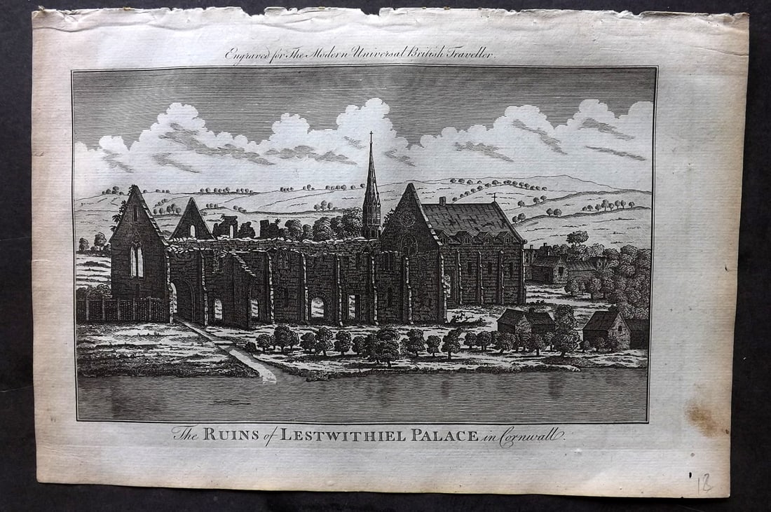 Burlington, Charles 1779 Folio Print. Ruins of Lestwithiel Palace in Cornwall: Folio Copper Plate Published 1779 by J. Cooke, London for "The Modern Universal British Traveller or, a New, Complete, and Accurate tour Through England, Wales, Scotland, and the Neighbouring Islands"