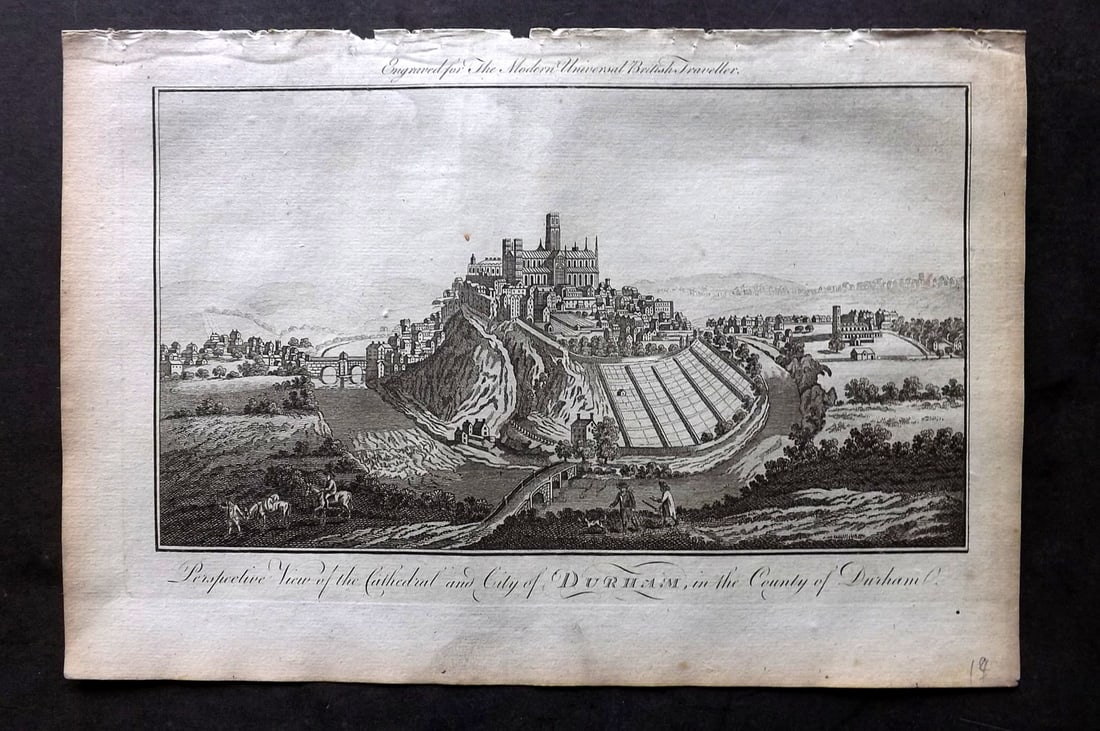Burlington, Charles 1779 Folio Print. Cathedral & City of Durham: Folio Copper Plate Published 1779 by J. Cooke, London for "The Modern Universal British Traveller or, a New, Complete, and Accurate tour Through England, Wales, Scotland, and the Neighbouring Islands"