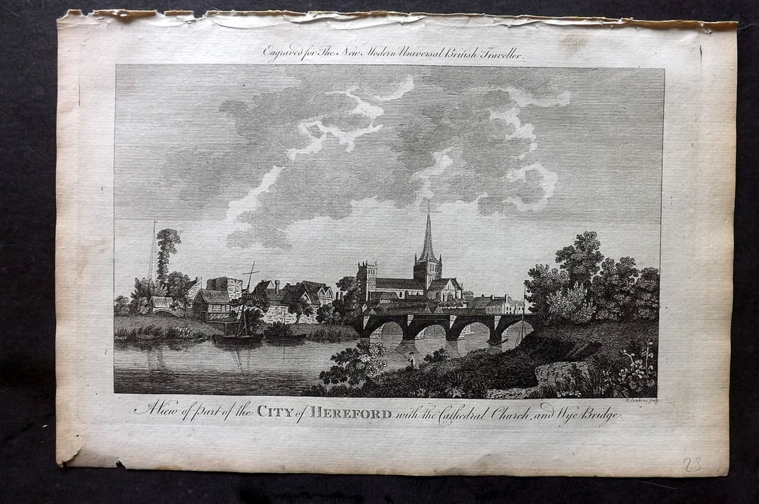 Burlington, Charles 1779 Folio Print. City of Hereford, River Wye: Folio Copper Plate Published 1779 by J. Cooke, London for "The Modern Universal British Traveller or, a New, Complete, and Accurate tour Through England, Wales, Scotland, and the Neighbouring Islands"