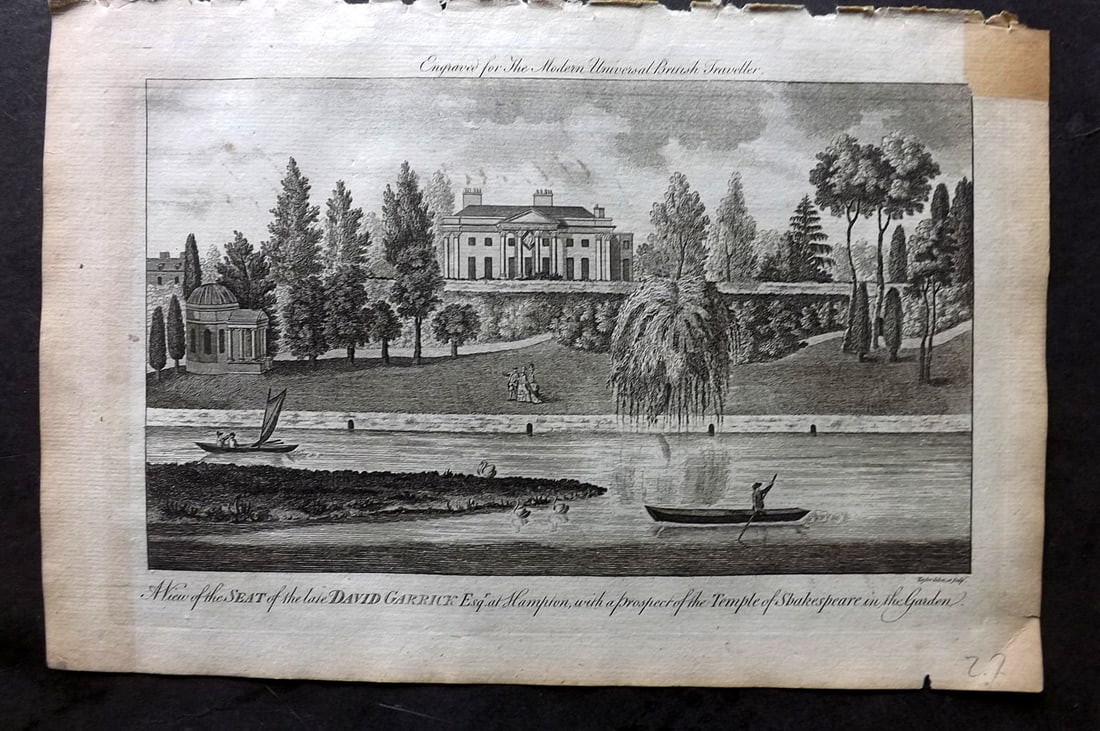Burlington, Charles 1779 Folio Print. Seat of David Garrick, Hampton, London: Folio Copper Plate Published 1779 by J. Cooke, London for "The Modern Universal British Traveller or, a New, Complete, and Accurate tour Through England, Wales, Scotland, and the Neighbouring Islands"