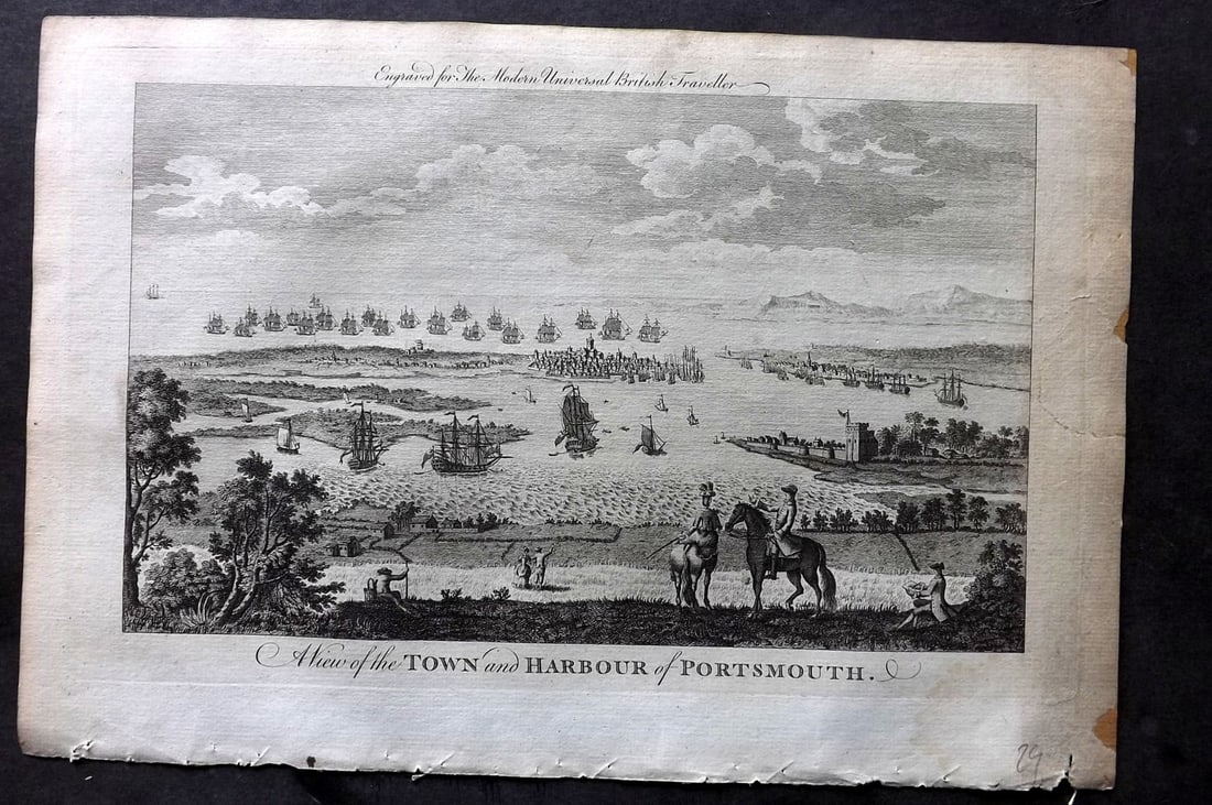Burlington, Charles 1779 Folio Print. Portsmouth with Ships: Folio Copper Plate Published 1779 by J. Cooke, London for "The Modern Universal British Traveller or, a New, Complete, and Accurate tour Through England, Wales, Scotland, and the Neighbouring Islands"