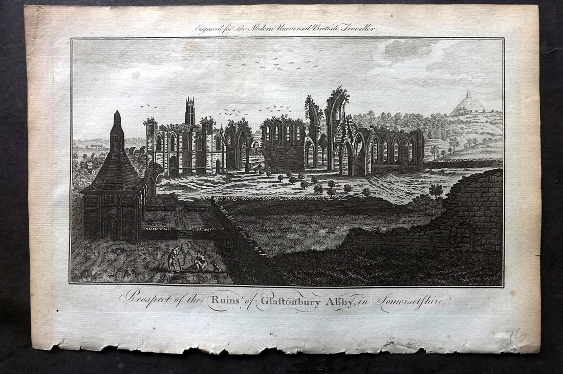 Burlington, Charles 1779 Folio Print. Ruins of Glastonbury Abbey. Somerset: Folio Copper Plate Published 1779 by J. Cooke, London for "The Modern Universal British Traveller or, a New, Complete, and Accurate tour Through England, Wales, Scotland, and the Neighbouring Islands"