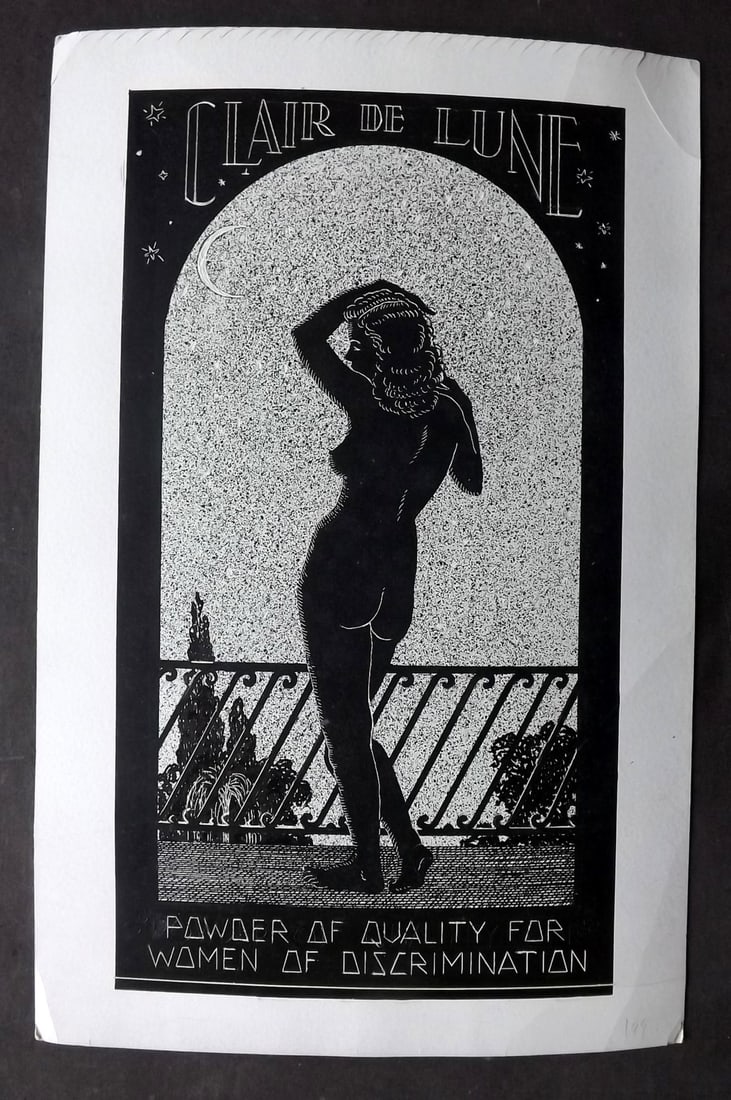 Burgess, L. P.? C1950 Original Pen & Ink. Advert for Clair de Lune: Original Pen & Ink Advert Design For Clair de Lune women and baby products. Unsigned and Undated but from the collection of L. P. Burgess, so presumably by him. On Artists thin card. Paper Size: 12 x 