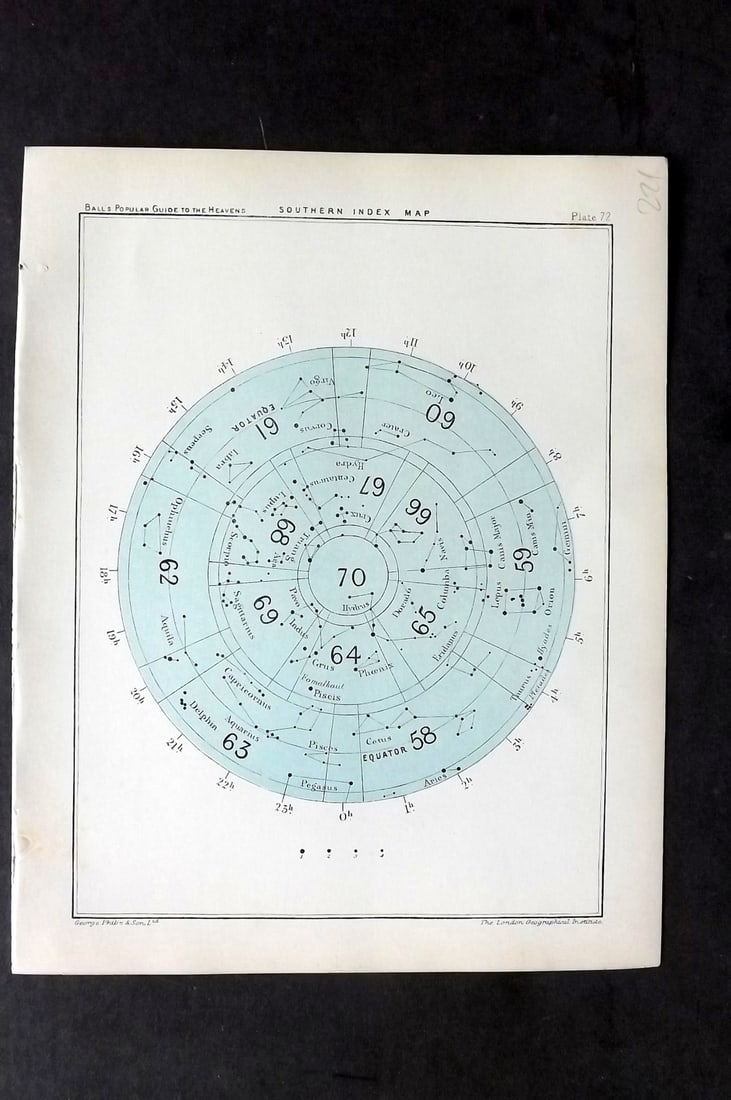Ball, Robert 1910 Astronomy Celestial Print. Southern Index Map 72 (1 of 1)