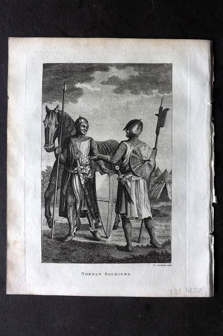 Grose, Francis 1801 Antique Military Print. Norman Soldiers: Copper Plate Published 1801, London for "Military Antiquities Respecting a History of the English Army from the Conquest to the Present Time" by Francis Grose. Paper Size: 10.5 x 8 inch (27 x 21cm) Go