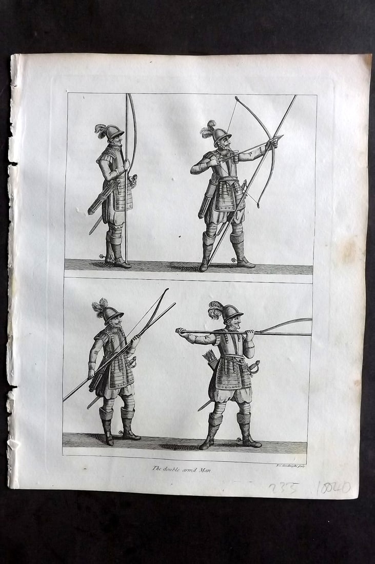 Grose, Francis 1801 Antique Military Print. Double arm'd Man 01: Copper Plate Published 1801, London for "Military Antiquities Respecting a History of the English Army from the Conquest to the Present Time" by Francis Grose. Paper Size: 10.5 x 8 inch (27 x 21cm) Ve