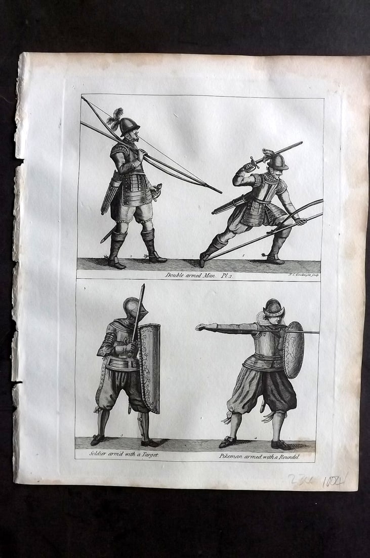 Grose, Francis 1801 Antique Military Print. Double arm'd Man 02: Copper Plate Published 1801, London for "Military Antiquities Respecting a History of the English Army from the Conquest to the Present Time" by Francis Grose. Paper Size: 10.5 x 8 inch (27 x 21cm) Ve