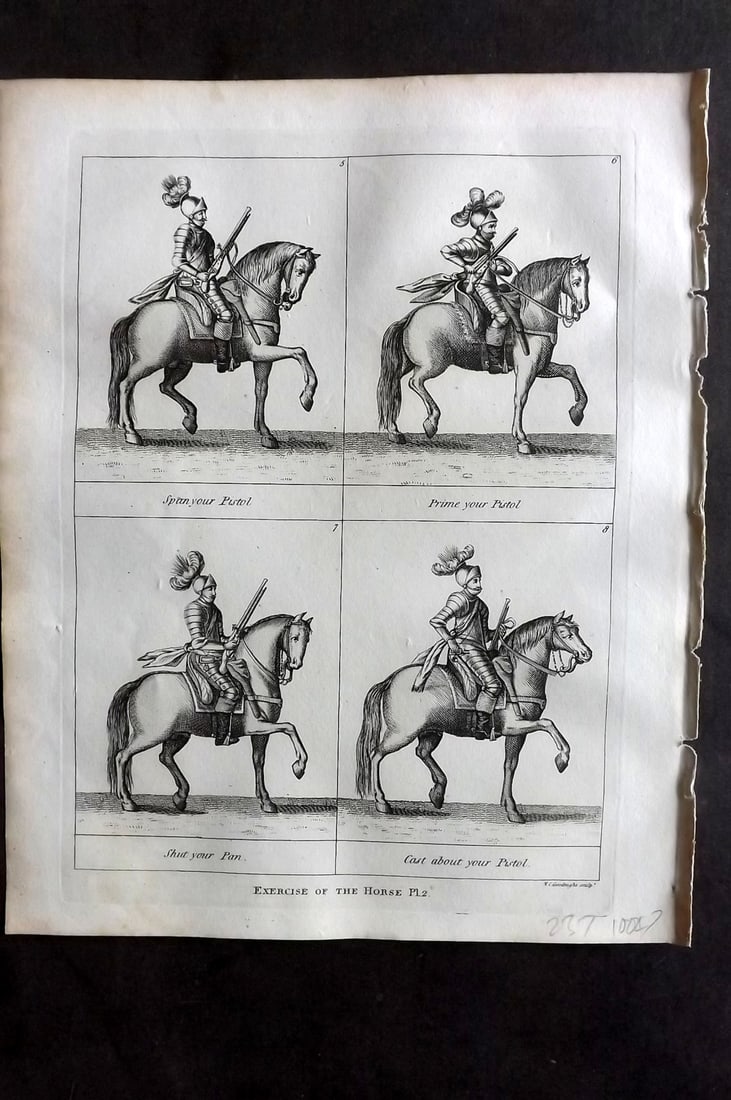 Grose, Francis 1801 Antique Military Print. Exercise of the Horse 02: Copper Plate Published 1801, London for "Military Antiquities Respecting a History of the English Army from the Conquest to the Present Time" by Francis Grose. Paper Size: 10.5 x 8 inch (27 x 21cm) Go