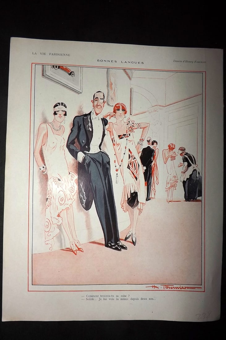 La Vie Parisienne 1926 Art Deco Print. Bonnes Langues by Fournier: Lithographs Published 1928, Paris for "La Vie Parisienne" Illustrated by Lissac, Barbier, Vallet, Valee, Prejelan, Herouard, Fournier, Kuhn-Regnier, Georges L?onnec and others. Verso text, but none sh