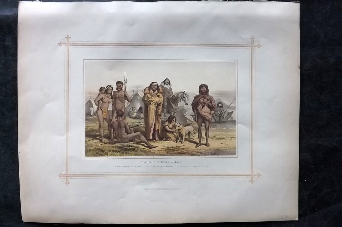 Blackie (Pub) 1882 Folio Print. Aborigines of South America. Brazil Patogonia Tierra del Fuego: Color Printed Woodblock Published 1882 by Blackie & Son, London for "The Comprehensive Atlas & Geography of the World" by W. G. Blackie. Paper Size: 15 x 12 inch (38 x 30cm) Good condition