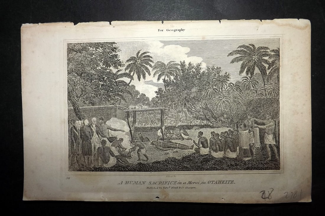 Glasgow Geography 1825 Print. Human Sacrifice, Tahiti Pacific (1 of 1)