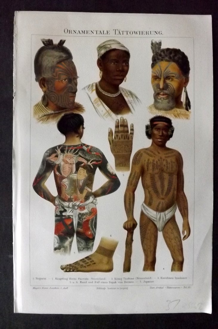 Meyer, Joseph 1898 Print. Tatoo Men - New Zealand, Japan, Borneo Africa: Chromolithograph Published 1893-98, Leipzig and Vienna for "Meyers Konversations-Lexikon" by Joseph Meyer et al. Paper Size: 9.5 x 6 inch (24 x 16cm) Good Condition