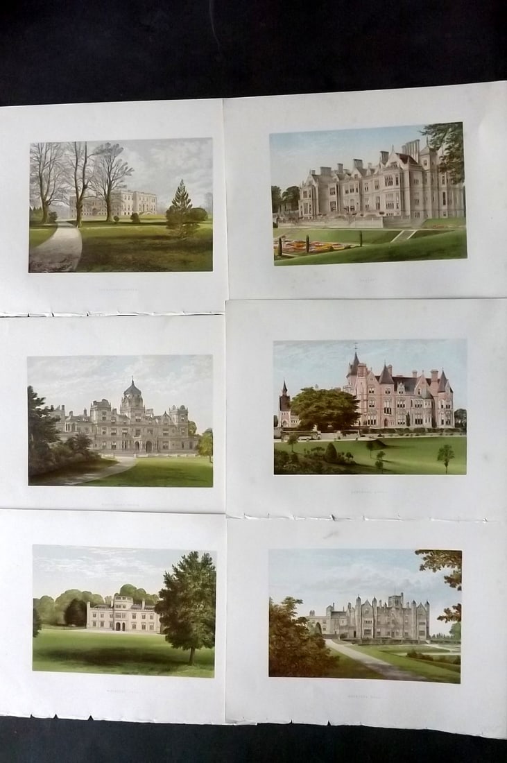Morris Seats C1870 Lot of 6 British Color Woodblock Views: Color Printed Woodblock Published 1866-1880 by William Mckenzie, London for "Picturesque Views of Seats of Noblemen and Gentlemen of Great Britain and Ireland" by the Rev. F. O. Morris. Printed by Ben