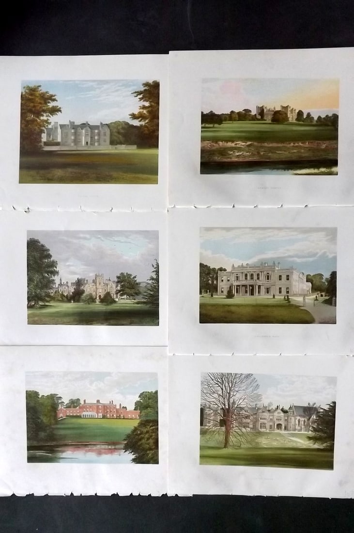Morris Seats C1870 Lot of 6 British Color Woodblock Views: Color Printed Woodblock Published 1866-1880 by William Mckenzie, London for "Picturesque Views of Seats of Noblemen and Gentlemen of Great Britain and Ireland" by the Rev. F. O. Morris. Printed by Ben
