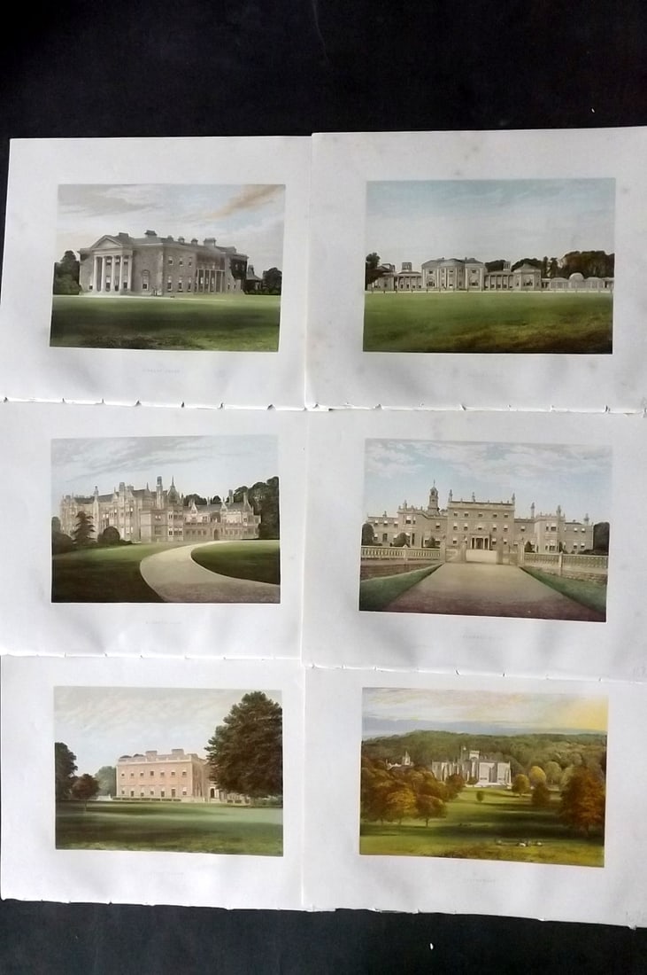 Morris Seats C1870 Lot of 6 British Color Woodblock Views: Color Printed Woodblock Published 1866-1880 by William Mckenzie, London for "Picturesque Views of Seats of Noblemen and Gentlemen of Great Britain and Ireland" by the Rev. F. O. Morris. Printed by Ben