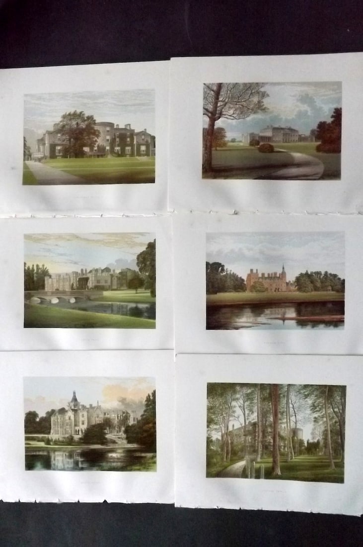 Morris Seats C1870 Lot of 6 British Color Woodblock Views: Color Printed Woodblock Published 1866-1880 by William Mckenzie, London for "Picturesque Views of Seats of Noblemen and Gentlemen of Great Britain and Ireland" by the Rev. F. O. Morris. Printed by Ben