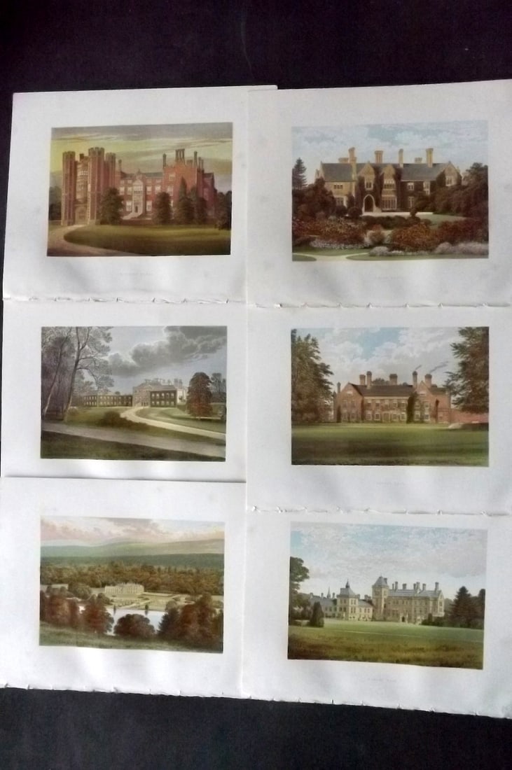 Morris Seats C1870 Lot of 6 British Color Woodblock Views: Color Printed Woodblock Published 1866-1880 by William Mckenzie, London for "Picturesque Views of Seats of Noblemen and Gentlemen of Great Britain and Ireland" by the Rev. F. O. Morris. Printed by Ben