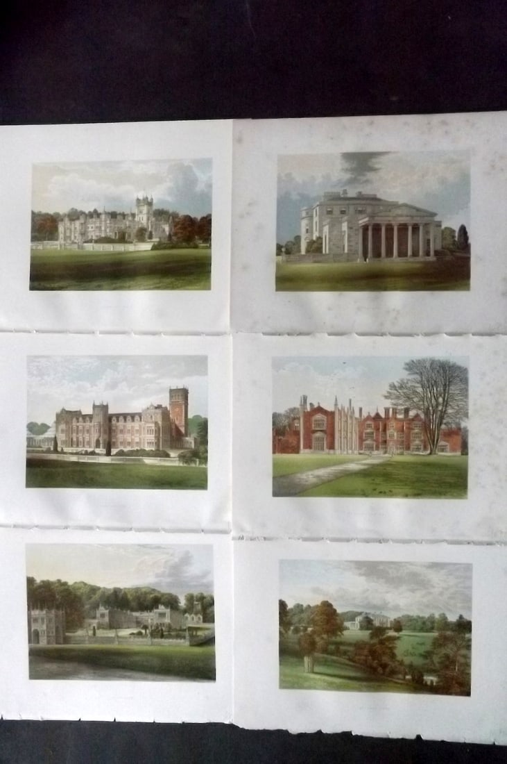 Morris Seats C1870 Lot of 6 British Color Woodblock Views: Color Printed Woodblock Published 1866-1880 by William Mckenzie, London for "Picturesque Views of Seats of Noblemen and Gentlemen of Great Britain and Ireland" by the Rev. F. O. Morris. Printed by Ben