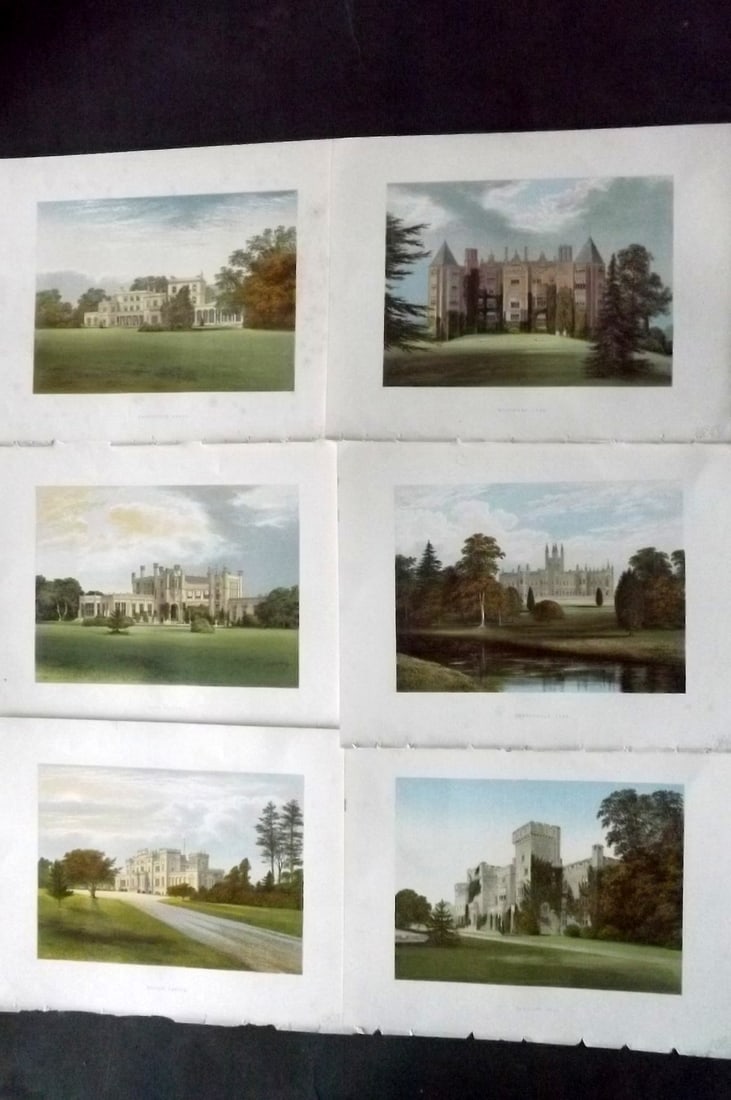 Morris Seats C1870 Lot of 6 British Color Woodblock Views: Color Printed Woodblock Published 1866-1880 by William Mckenzie, London for "Picturesque Views of Seats of Noblemen and Gentlemen of Great Britain and Ireland" by the Rev. F. O. Morris. Printed by Ben