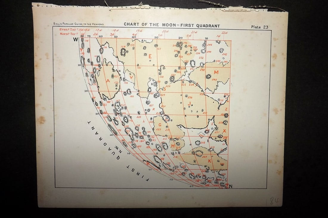 Ball, Robert 1910 Astronomy Celestial Print. Chart of the Moon-First Quadrant 23 (1 of 1)