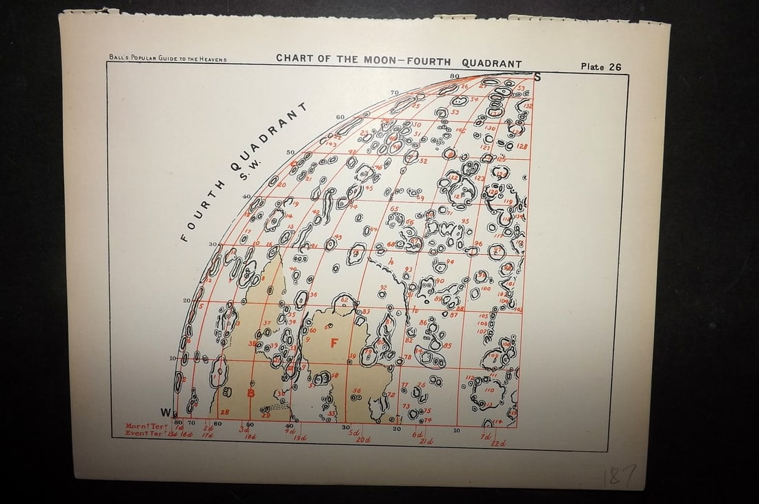Ball, Robert 1910 Astronomy Celestial Print. Chart of the Moon-Fourth Quadrant 26 (1 of 1)