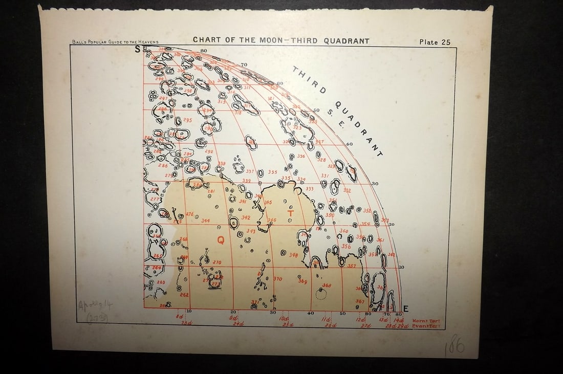Ball, Robert 1910 Astronomy Celestial Print. Chart of the Moon-Third Quadrant 25 (1 of 1)