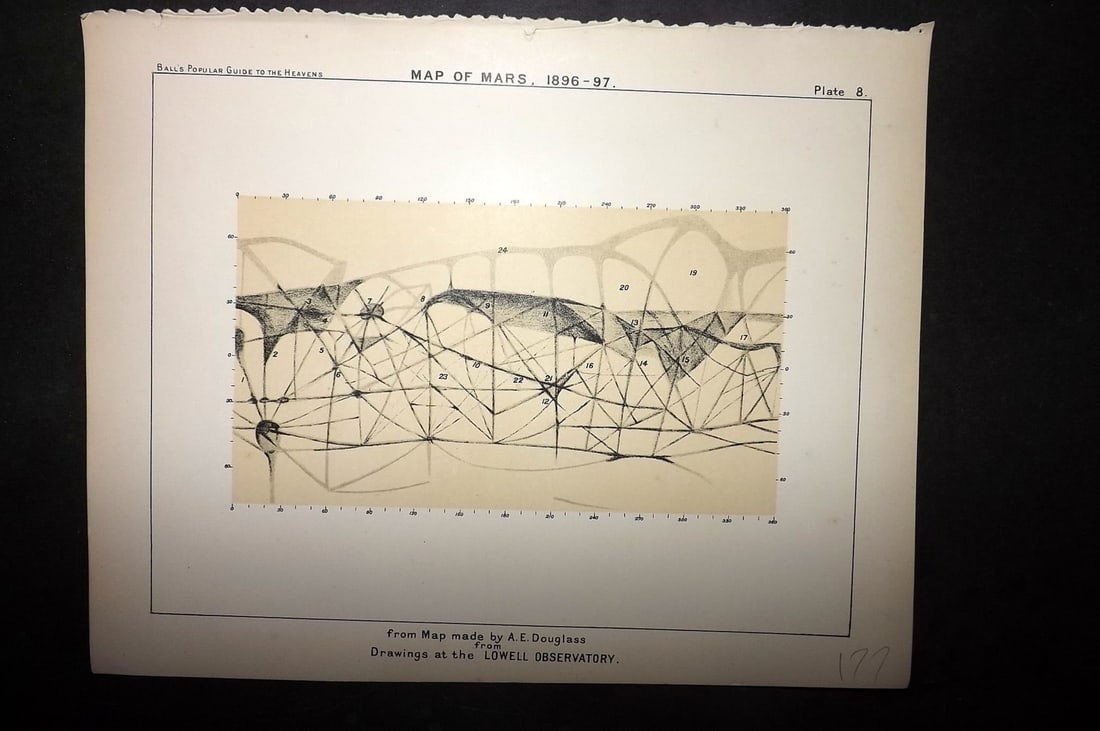 Ball, Robert 1910 Astronomy Celestial Print. Map of Mars 1896-97 08 (1 of 1)