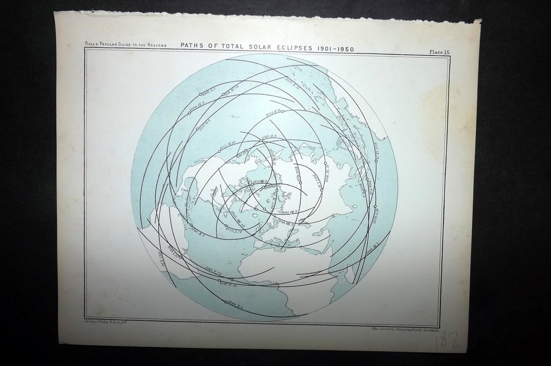 Ball, Robert 1910 Astronomy Celestial Print. Paths of Solar Eclipses 1901-50 15 (1 of 1)